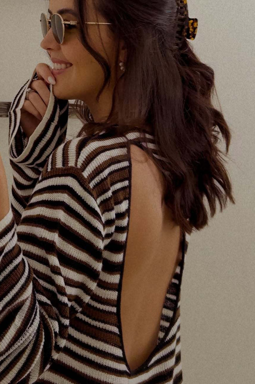Striped Open Back Loose Long Sleeve Mini Dress