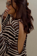 Striped Open Back Loose Long Sleeve Mini Dress