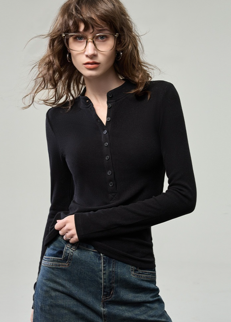 Fitted Henley Button Slim Crew Neck Long Sleeve Blouse Secondary image