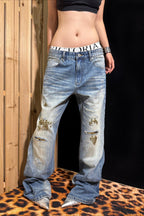 Leopard Patch Distressed Low Rise Jeans