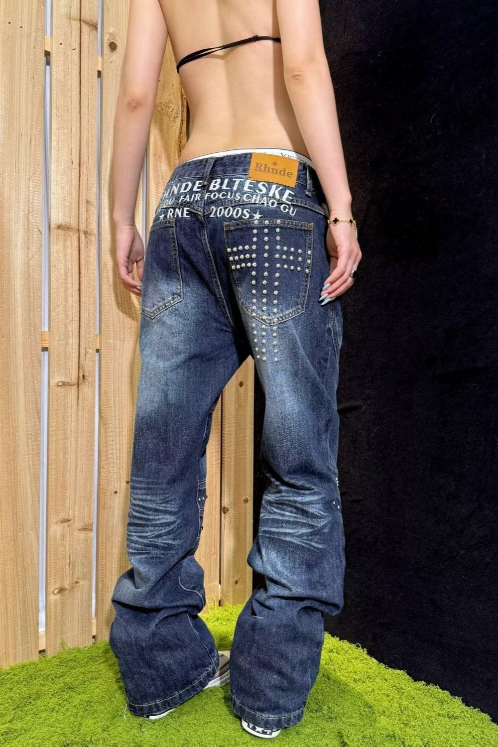 Rhinestone Washed Loose Straight Leg Jeans