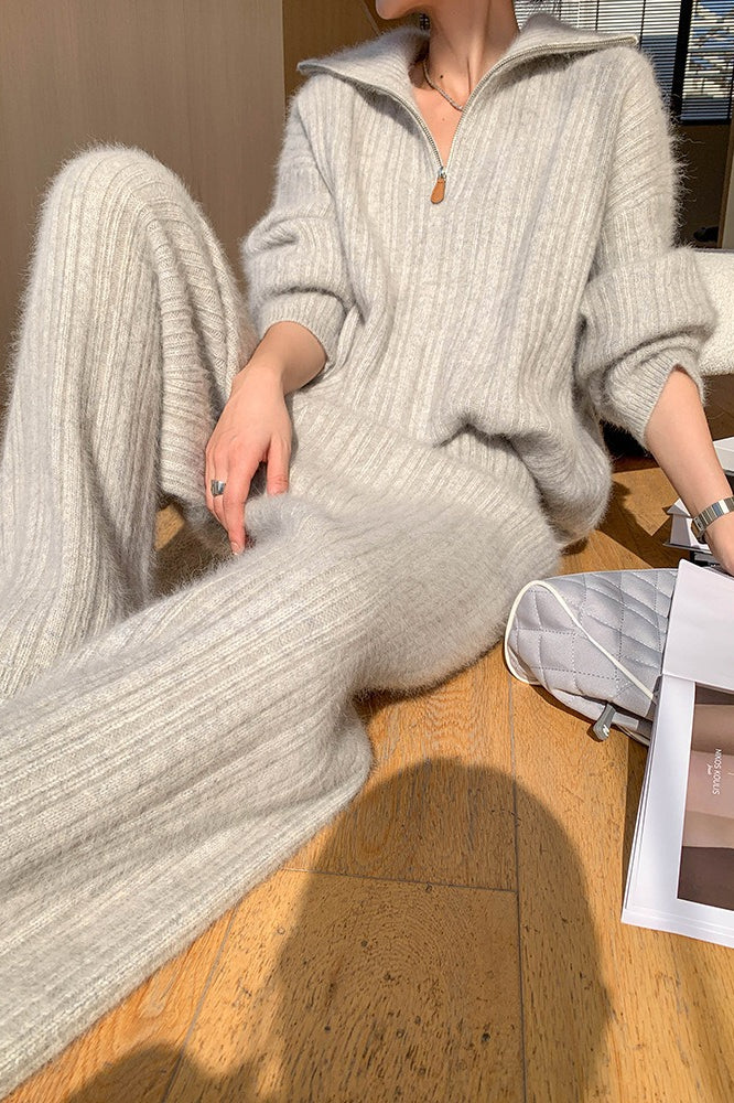 Half Zip Polo Sweater Wide Pants Knit Set Secondary image