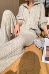 Half Zip Polo Sweater Wide Pants Knit Set