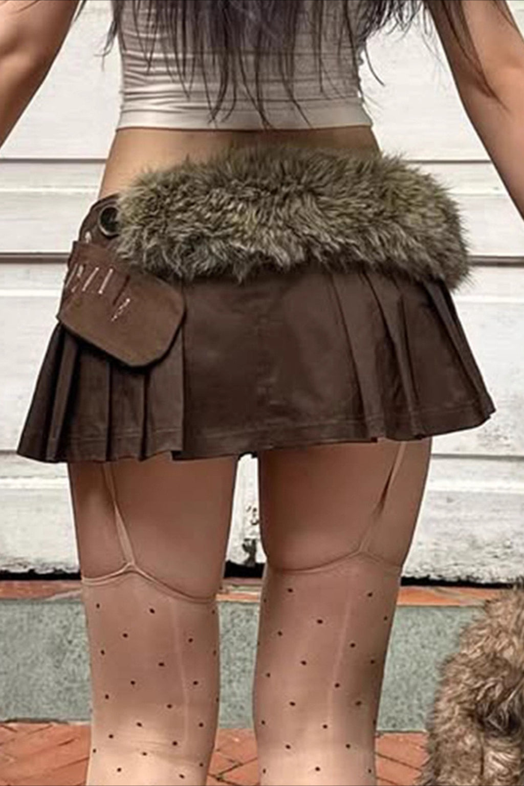 Faux Fur Belted Side Zipper Pleated Skirt