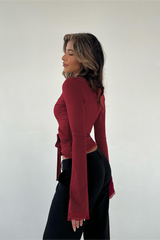 Y2K Sexy Lace Trim Tie Waist Slim Long Sleeve Crop Top