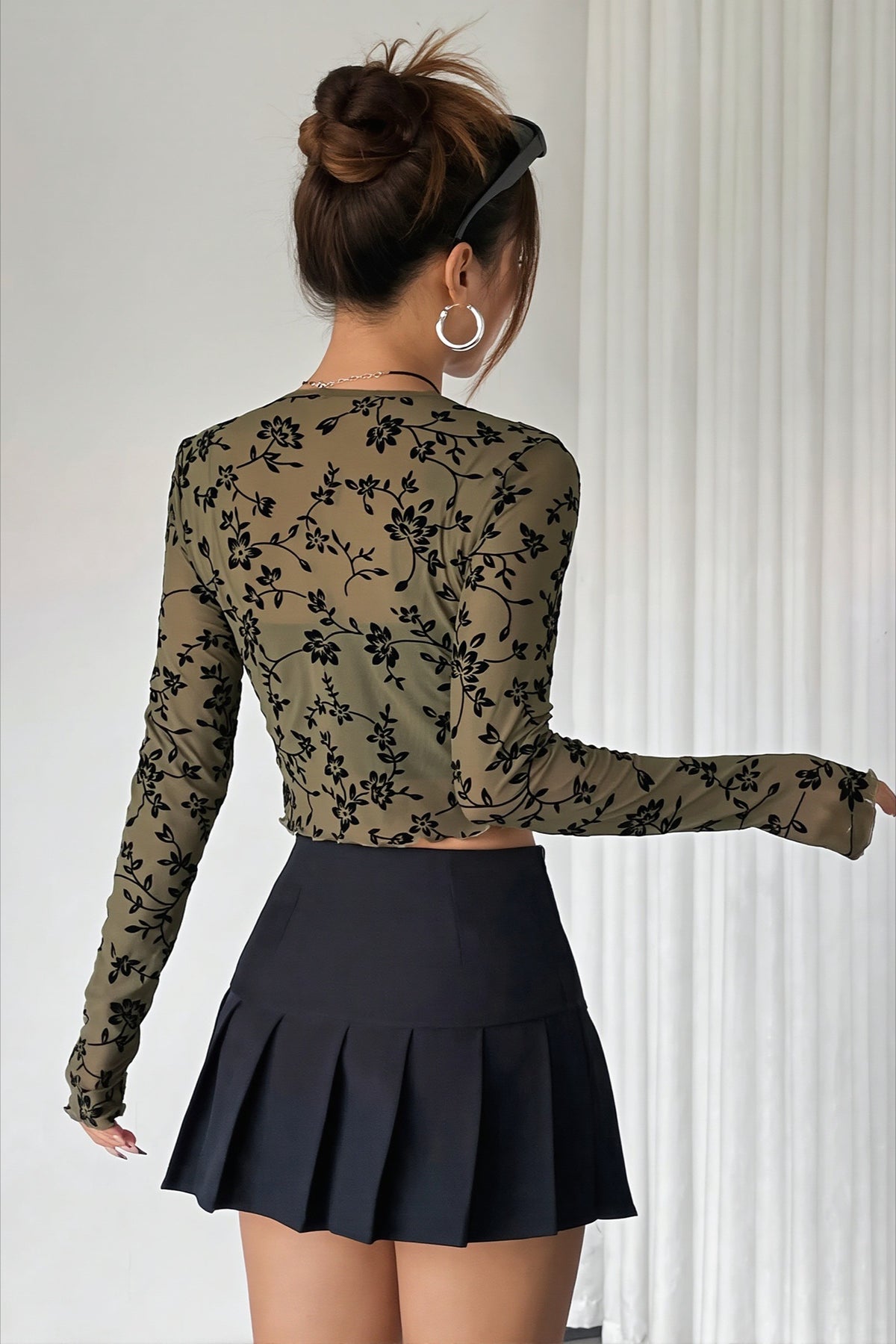 Flocked Mesh Front Tie Long Sleeve T-Shirts