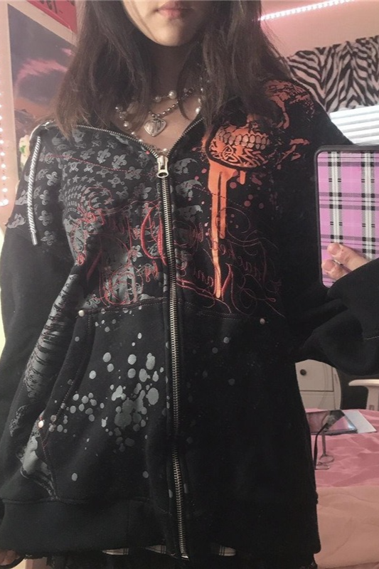 Fleece Lined Zip Loose Thickened Gothic Hoodie Secondary image