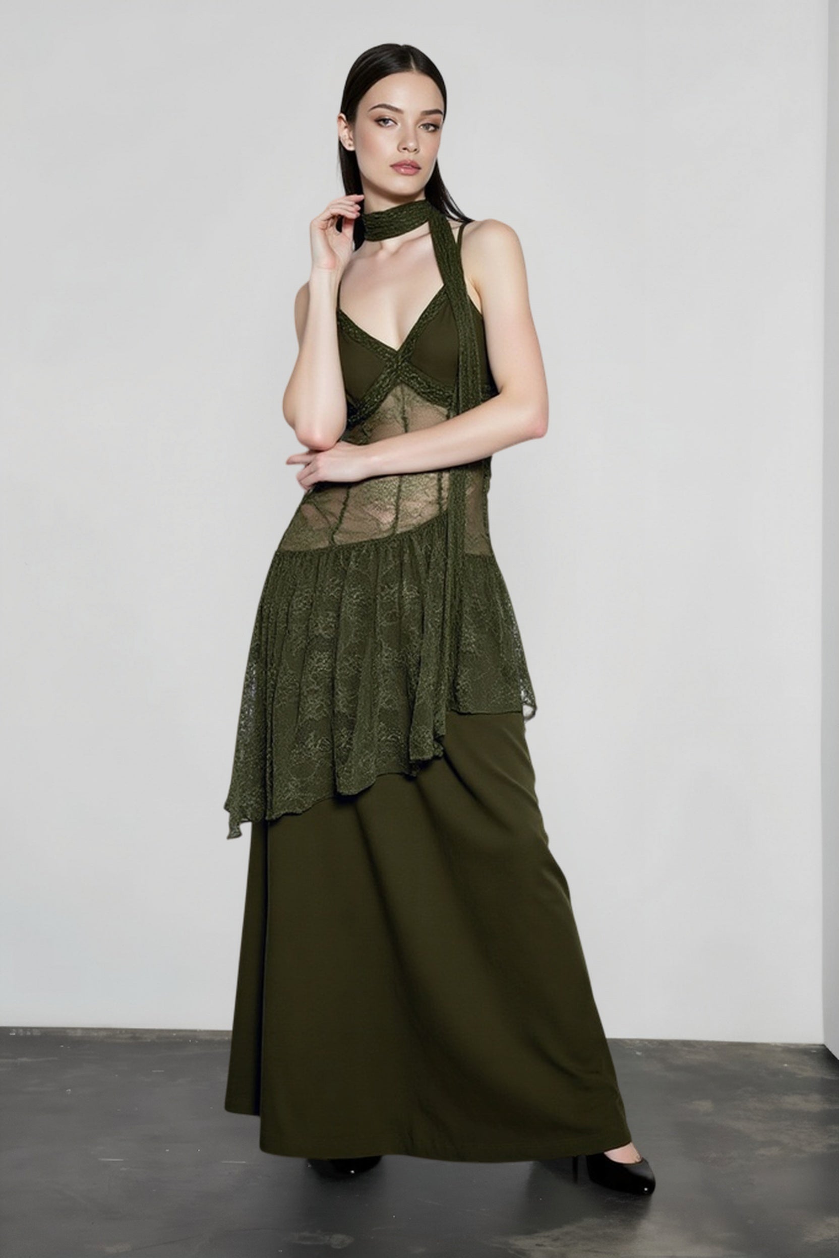 Lace Trim Sheer Waist Tie Cami Maxi Lace Dress Main image