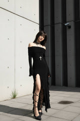 Fashionable Ruffle Hem Split Bodycon Maxi Dress