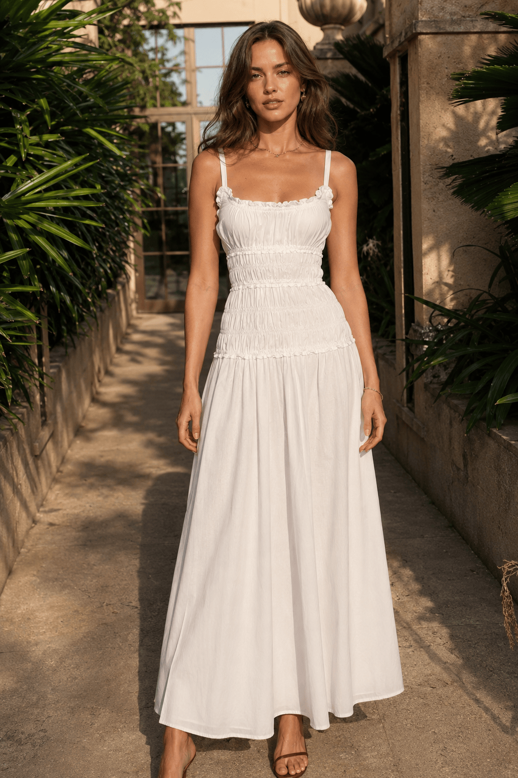 Solid Cotton Ruched Long Sleeveless Slip Dress Main image