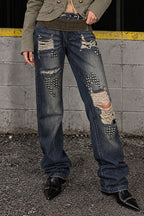Rivet Spliced Ripped Vintage Washed Jeans