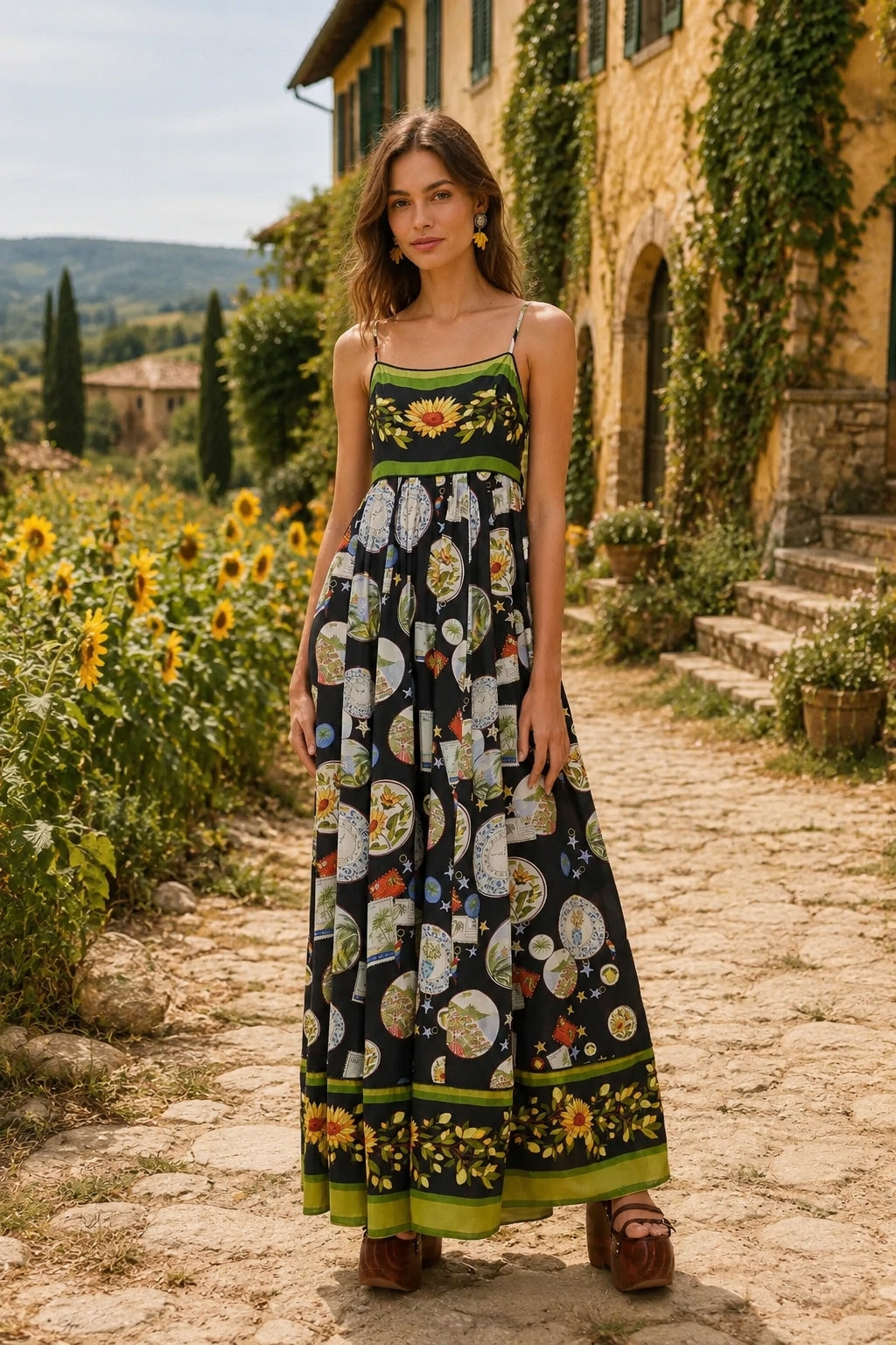Artistic Print Linen Midi Slip Dress Main image