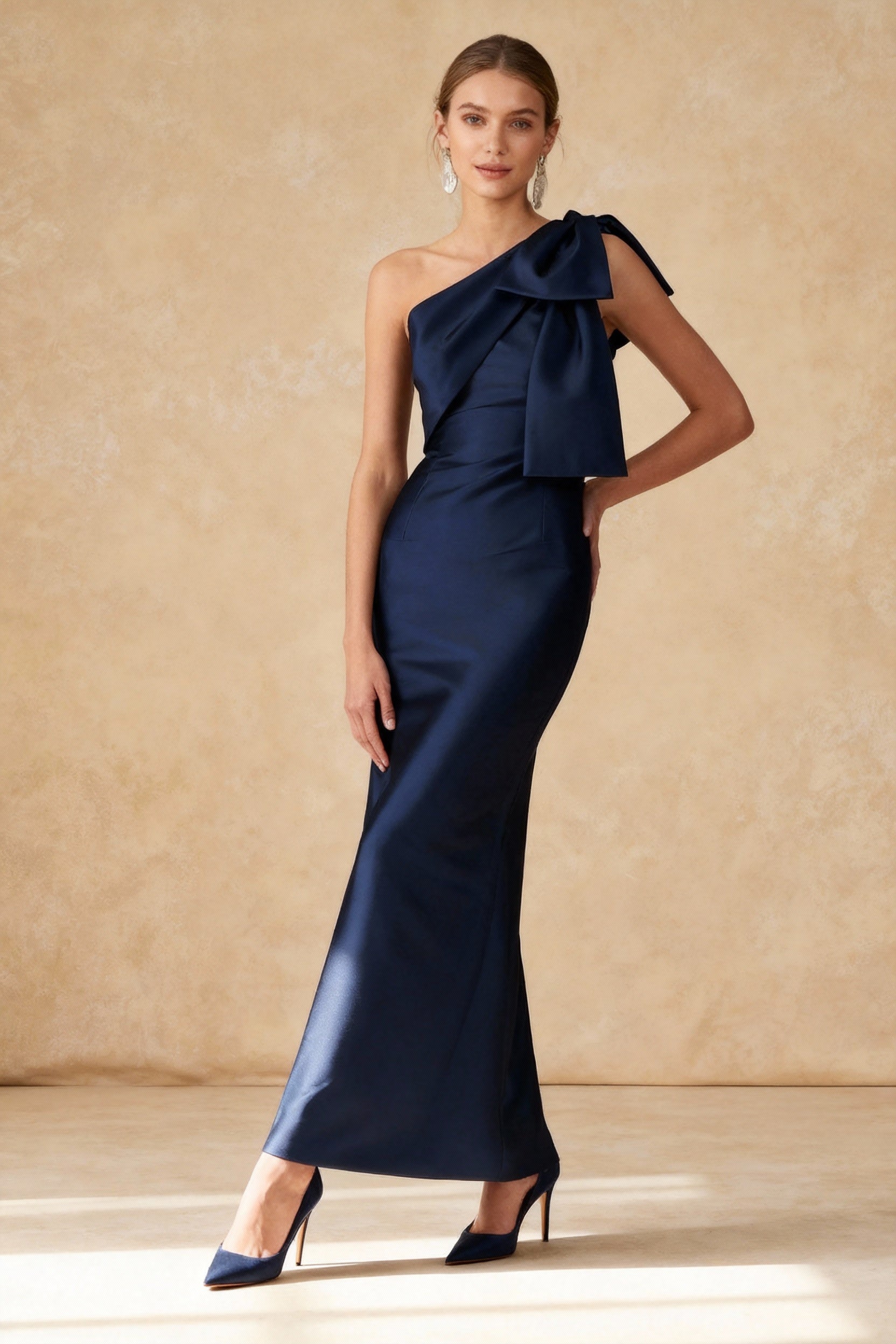 Elegant Long Dark Navy Bow Mermaid Prom Dress Main image