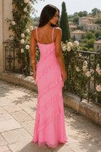 V Neck Open Back Side Split Wave Slim Slip Dress
