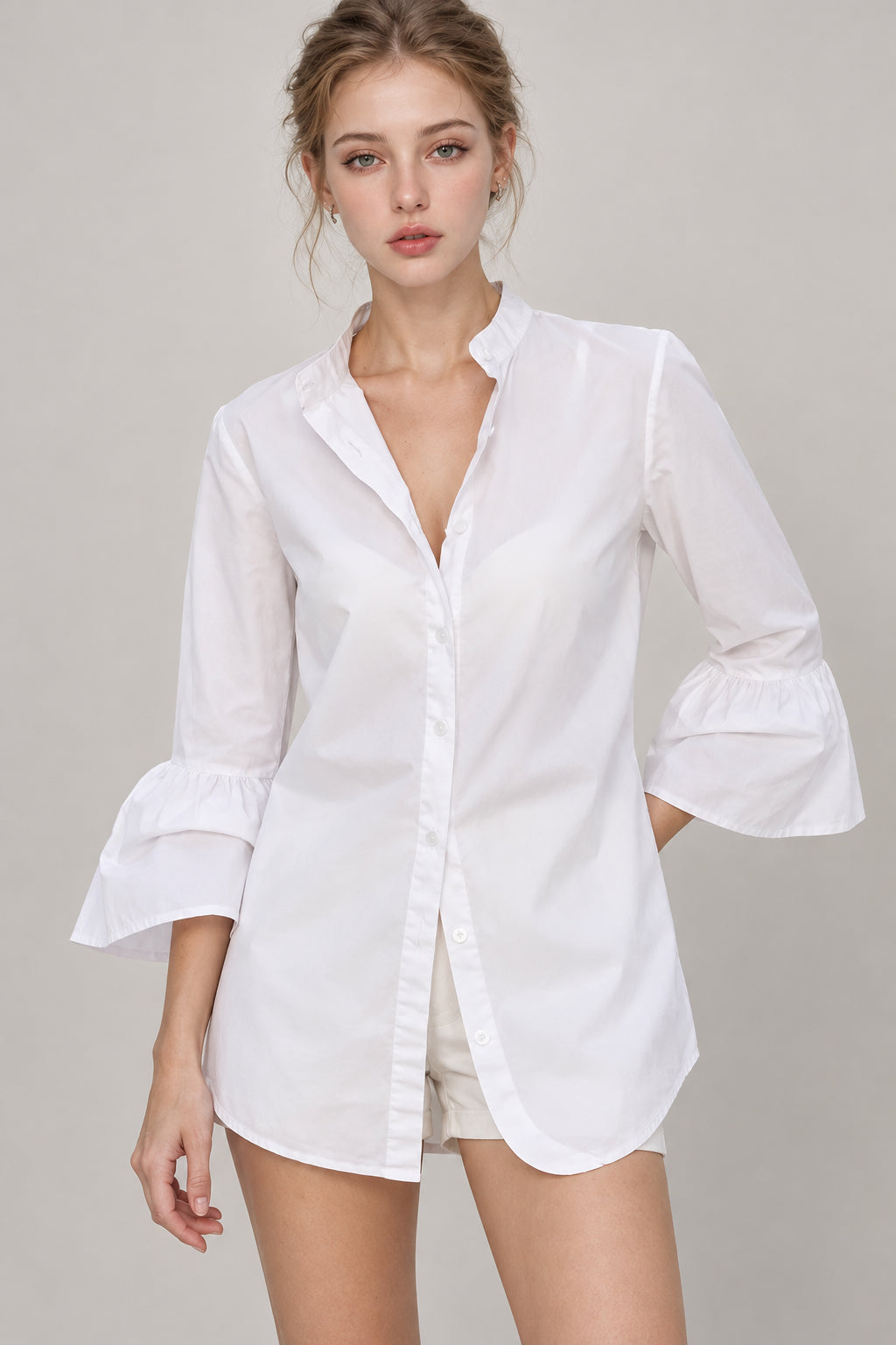 Flare Sleeve Solid Color V Neck Blouse