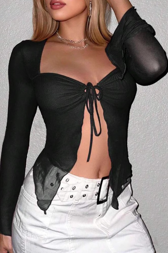 Chic Mesh Slim Short Long Sleeve Crop Top Secondary image