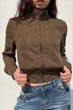 Ribbed Waist Brown Cropped Zip Jacket