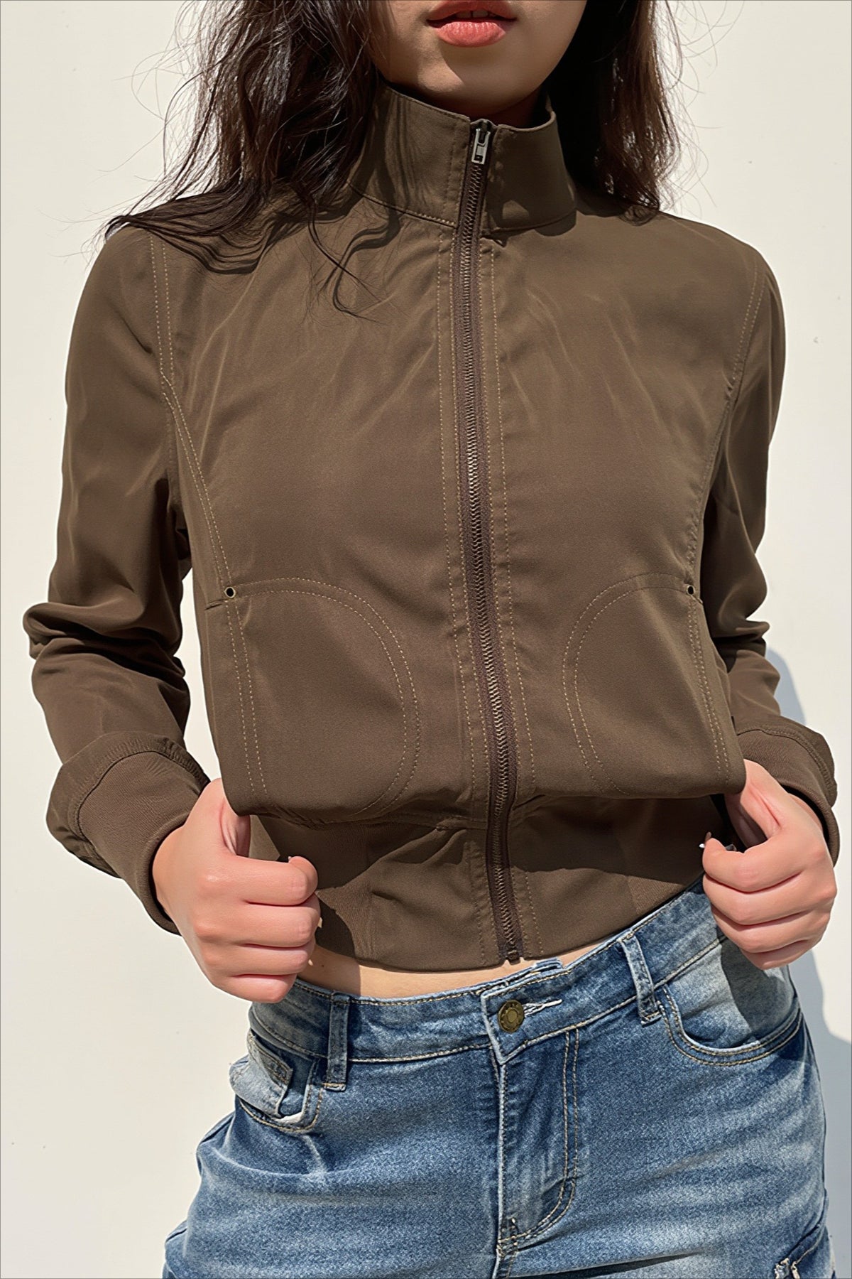 Ribbed Waist Brown Cropped Zip Jacket