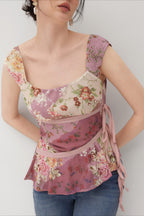 Floral Tie Side Asymmetric Fitted T-Shirt