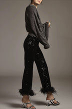 Sequin Feather Trim Flare Leg Pants