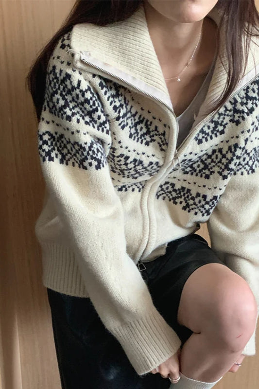 Ribbed Knit Fair Isle Zip Cardigan Secondary image