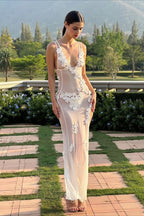 Deep V Mesh Backless 3D Floral Slip Dress