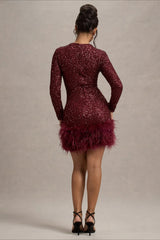 Solid Color Sequin Feather Long Sleeve Round Neck  Sequin Dress