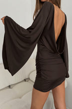 Solid Crew Neck Bell Sleeve Tie Waist Mini Dress