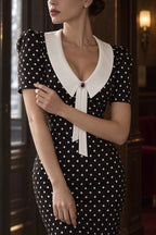 Retro Lapel Slim Polka Dot Maxi Dress