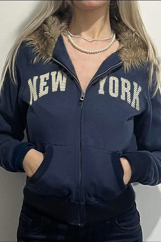 Fur Collar Letter Print Zip-Up Hoodie Main image