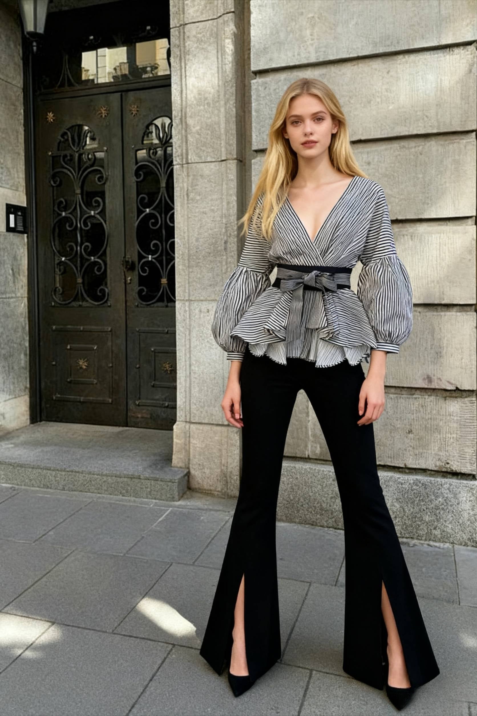 Spring Women's Bow Pants Lantern Flare Black + Striped Split Warm-Season Blouse Arm Arm Set Secondary image