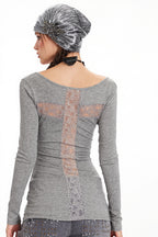Lace Back Scoop Neck Long Sleeve T-Shirt