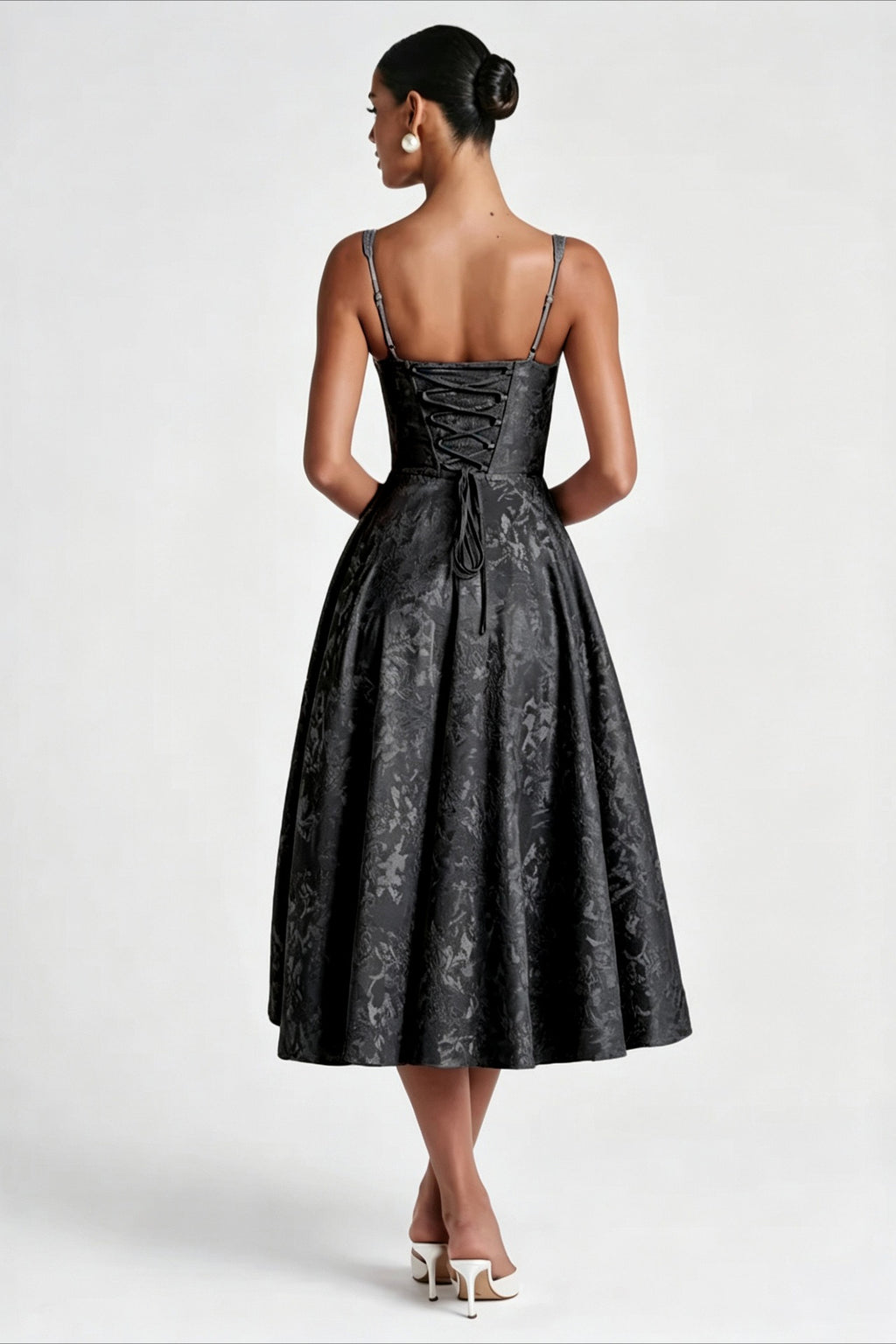 Jacquard Cami Backless Waist Cinched Midi Dress