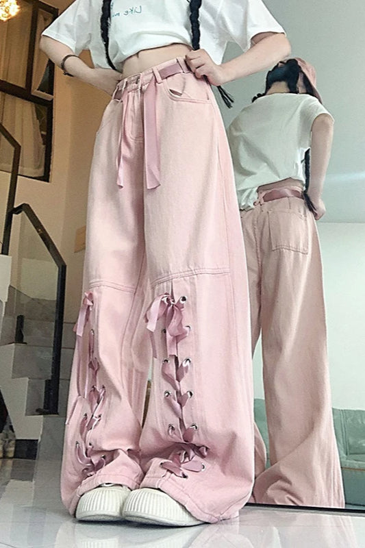 Pink Bow Tie Wide Leg Cargo Jeans Secondary image