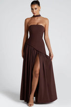 Strapless Contrast Panel High Slit Party Dress