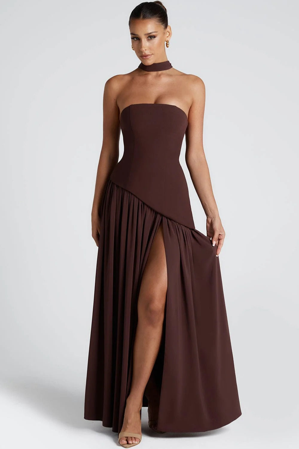 Strapless Contrast Panel High Slit Party Dress