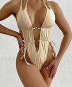 Deep V Neck Halter One Piece Beige / S