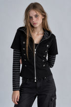 Button Front Layered Stripe Hoodies