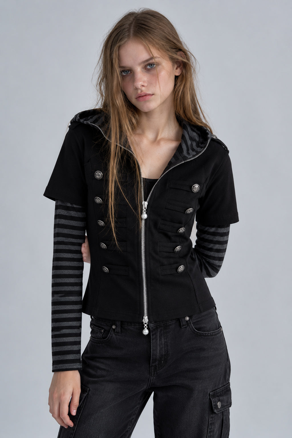 Button Front Layered Stripe Hoodies