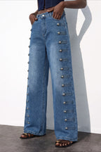 Side Snap High Waist Wide Leg Jeans