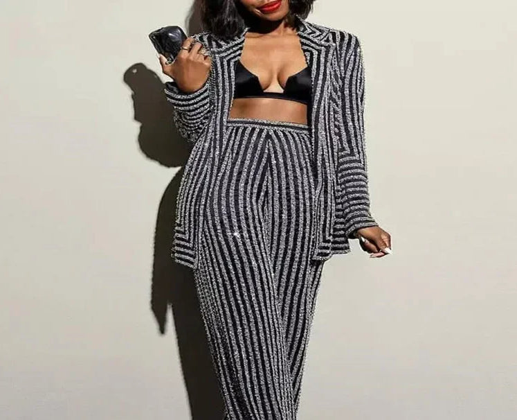 Striped Knitted Floor Pant Suit Main image