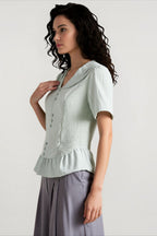 Linen Stripe V Neck Tie Waist Blouse
