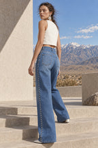 Washed Beaded High Waist Straight Leg Jeans