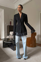 Lace Trim Cinched Waist Tailored Long Sleeve Coat