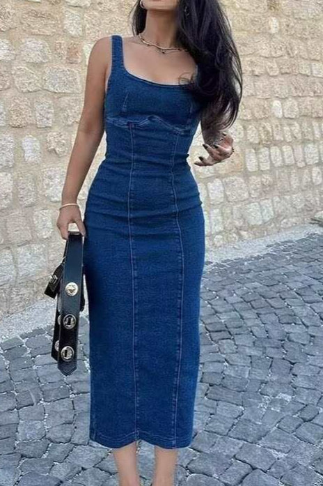 Strappy Zip Back Denim Dress Main image