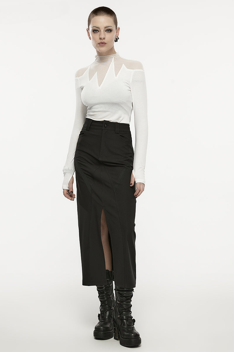 Women's Daily V-shaped Front Slit A-line Mid-length Metal Engraved Snap Button Dark Skirt Main image