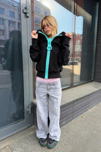 Contrast Oversized Zipper Zip Front Hoodie