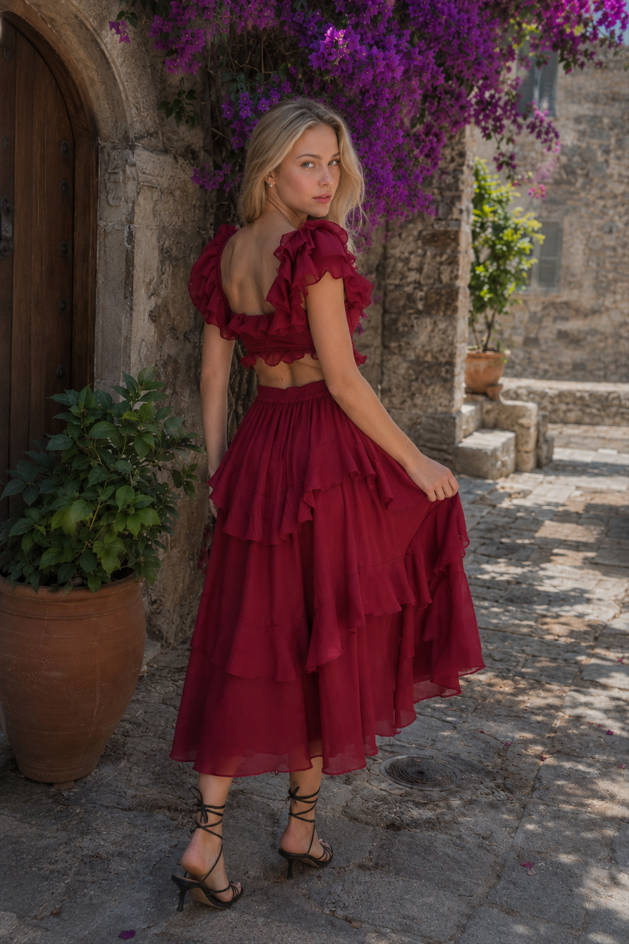 Lace Backless Tiered Ruffle Long Prom Dress