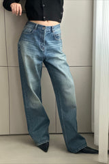 Vintage V Waist Slim Straight Cotton Denim Jeans
