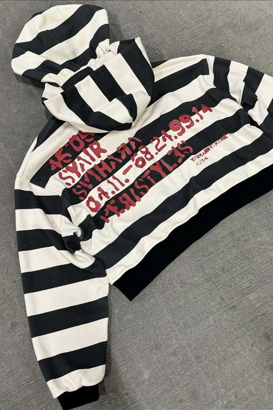 Black White Striped Cropped Zip Hoodie